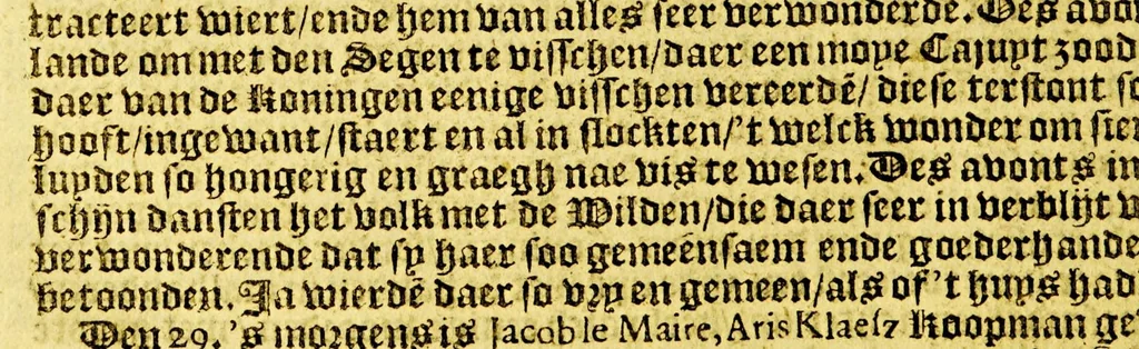 An illustration from Oost- en West-Indische voyagie; door de Strate Magallanes naer de Moluques, met ses schepen onder den commandeur Ioris Spilbergen. : Als mede de wonderlijcke reyse ghedaen door Willem Cornelisz Schouten van Hoorn, en Iacob le Maire, in den jaere 1615, 1616, 1617. Hoe sy bezuyden de Straet van Magallanes een nieuwe passagie tot in den groote Zuydt-Zee ontdeckt, voort den gheheelen aerd-kloot om-ghezeylt hebben ., 1648, leaf 104