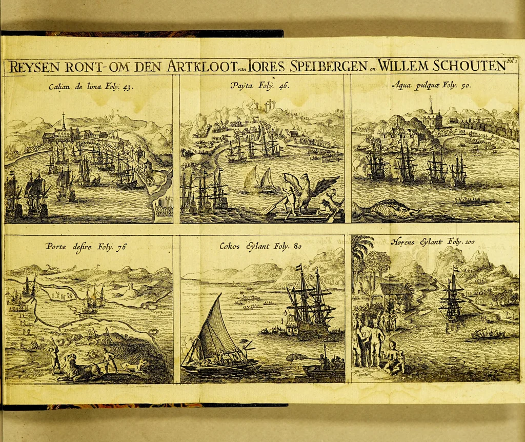 An illustration from Oost- en West-Indische voyagie; door de Strate Magallanes naer de Moluques, met ses schepen onder den commandeur Ioris Spilbergen. : Als mede de wonderlijcke reyse ghedaen door Willem Cornelisz Schouten van Hoorn, en Iacob le Maire, in den jaere 1615, 1616, 1617. Hoe sy bezuyden de Straet van Magallanes een nieuwe passagie tot in den groote Zuydt-Zee ontdeckt, voort den gheheelen aerd-kloot om-ghezeylt hebben ., 1648, leaf 11
