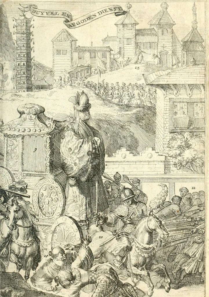 An illustration from Oost-Indische voyagie; vervattende veel voorname voorvallen en ongemeene oreemde geschiedenissen, bloedige zee- en landtgevechten tegen de Portugeesen en Makassaren .., 1676, leaf 210