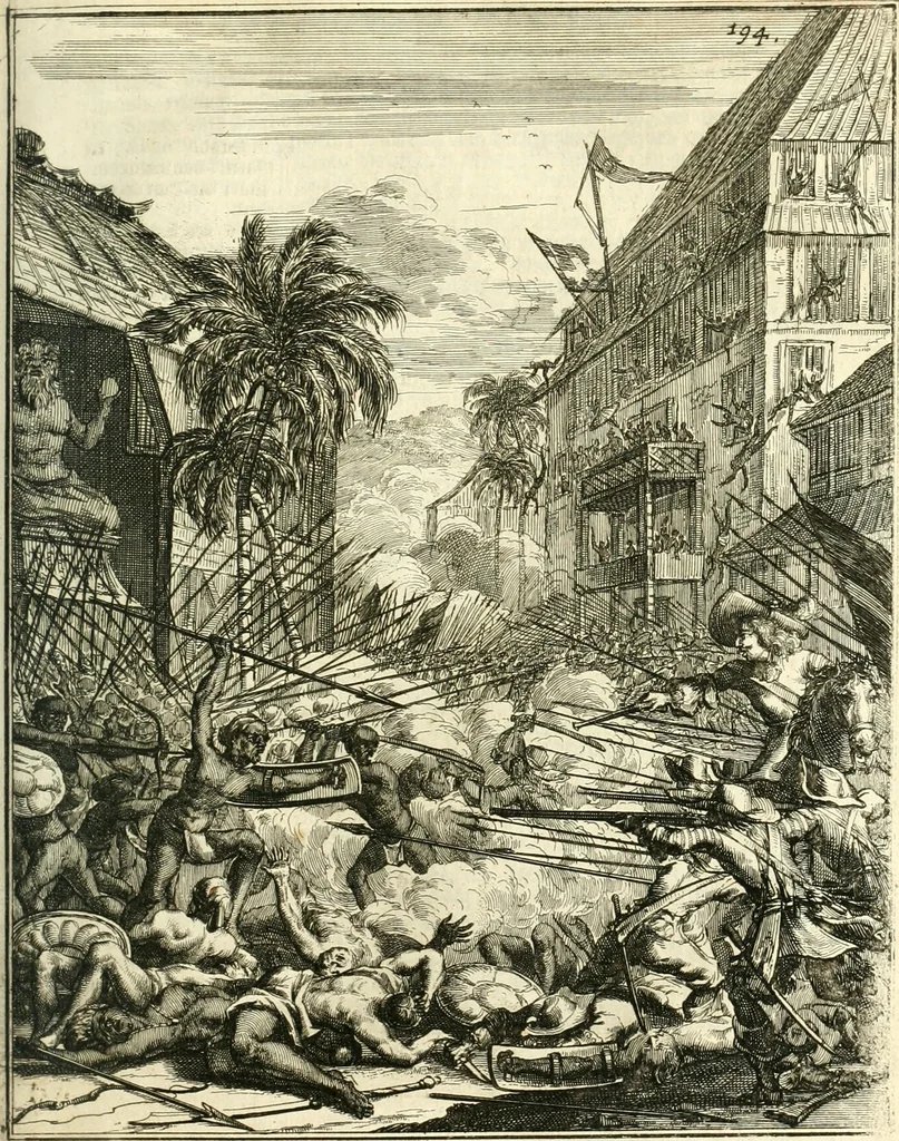 An illustration from Oost-Indische voyagie; vervattende veel voorname voorvallen en ongemeene oreemde geschiedenissen, bloedige zee- en landtgevechten tegen de Portugeesen en Makassaren .., 1676, leaf 258
