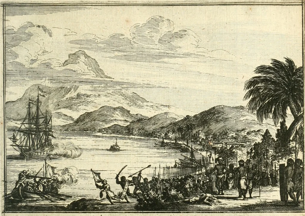 An illustration from Oost-Indische voyagie; vervattende veel voorname voorvallen en ongemeene oreemde geschiedenissen, bloedige zee- en landtgevechten tegen de Portugeesen en Makassaren .., 1676, leaf 34