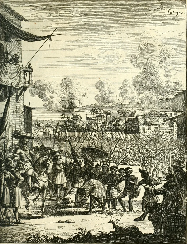 An illustration from Oost-Indische voyagie; vervattende veel voorname voorvallen en ongemeene oreemde geschiedenissen, bloedige zee- en landtgevechten tegen de Portugeesen en Makassaren .., 1676, leaf 370