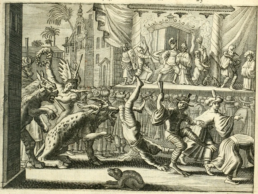 An illustration from Oost-Indische voyagie; vervattende veel voorname voorvallen en ongemeene oreemde geschiedenissen, bloedige zee- en landtgevechten tegen de Portugeesen en Makassaren .., 1676, leaf 40