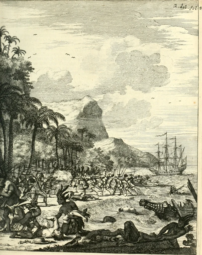 An illustration from Oost-Indische voyagie; vervattende veel voorname voorvallen en ongemeene oreemde geschiedenissen, bloedige zee- en landtgevechten tegen de Portugeesen en Makassaren .., 1676, leaf 412