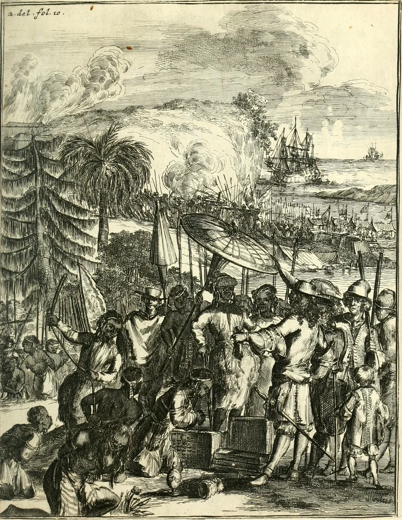 An illustration from Oost-Indische voyagie; vervattende veel voorname voorvallen en ongemeene oreemde geschiedenissen, bloedige zee- en landtgevechten tegen de Portugeesen en Makassaren .., 1676, leaf 420