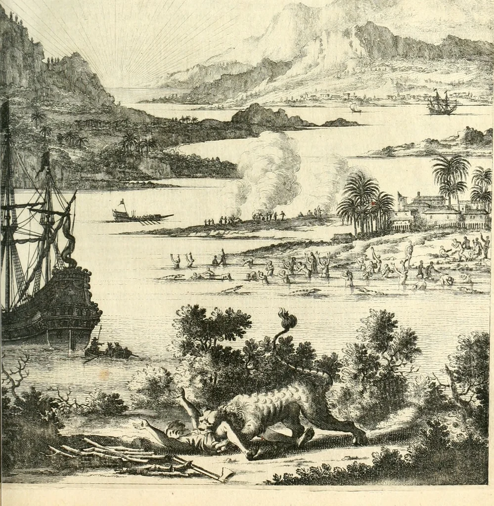 An illustration from Oost-Indische voyagie; vervattende veel voorname voorvallen en ongemeene oreemde geschiedenissen, bloedige zee- en landtgevechten tegen de Portugeesen en Makassaren .., 1676, leaf 484