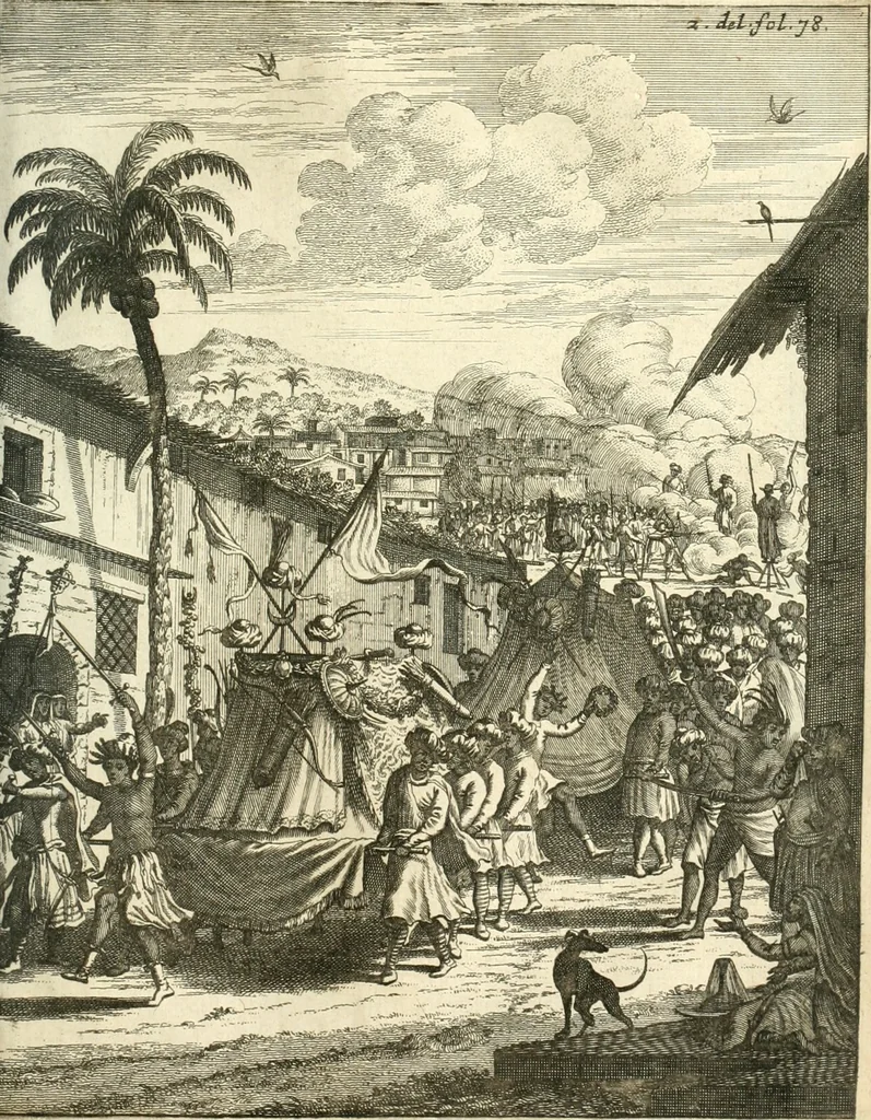 An illustration from Oost-Indische voyagie; vervattende veel voorname voorvallen en ongemeene oreemde geschiedenissen, bloedige zee- en landtgevechten tegen de Portugeesen en Makassaren .., 1676, leaf 504