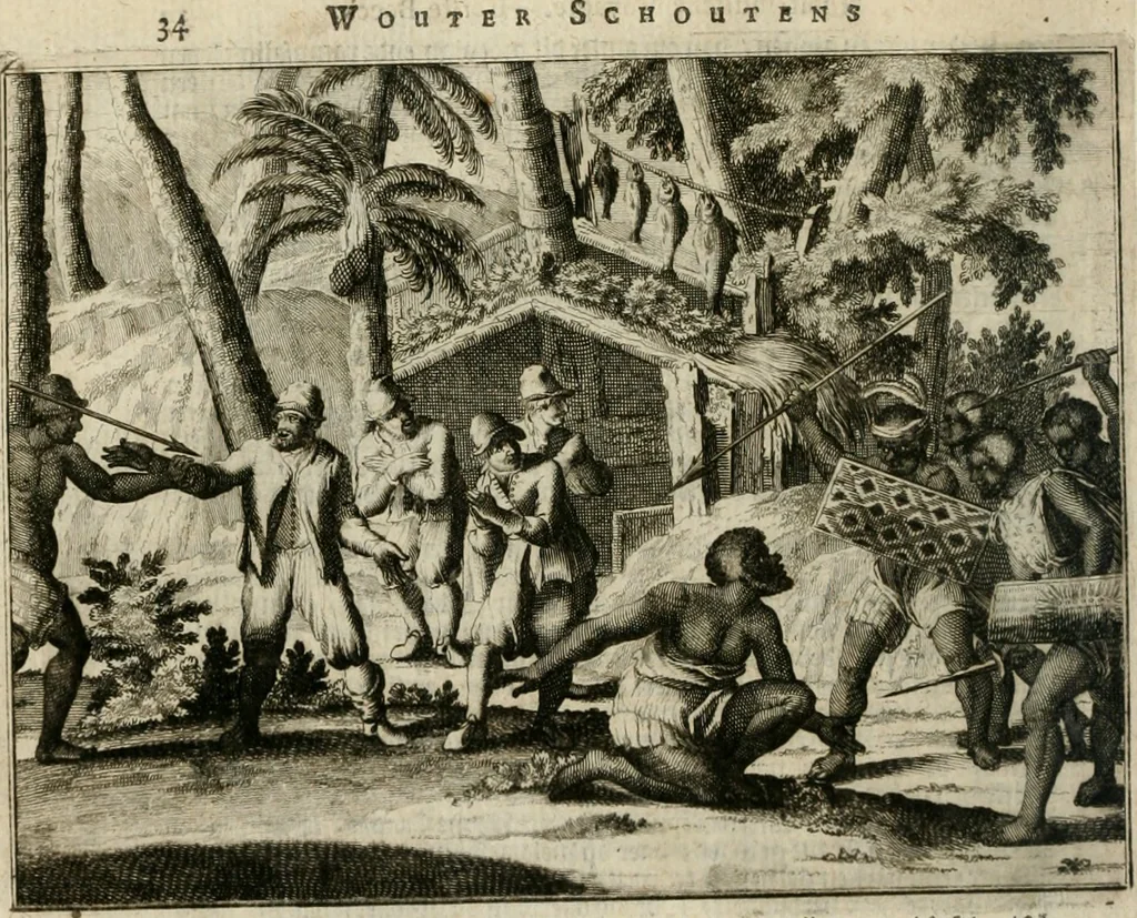 An illustration from Oost-Indische voyagie; vervattende veel voorname voorvallen en ongemeene oreemde geschiedenissen, bloedige zee- en landtgevechten tegen de Portugeesen en Makassaren .., 1676, leaf 51