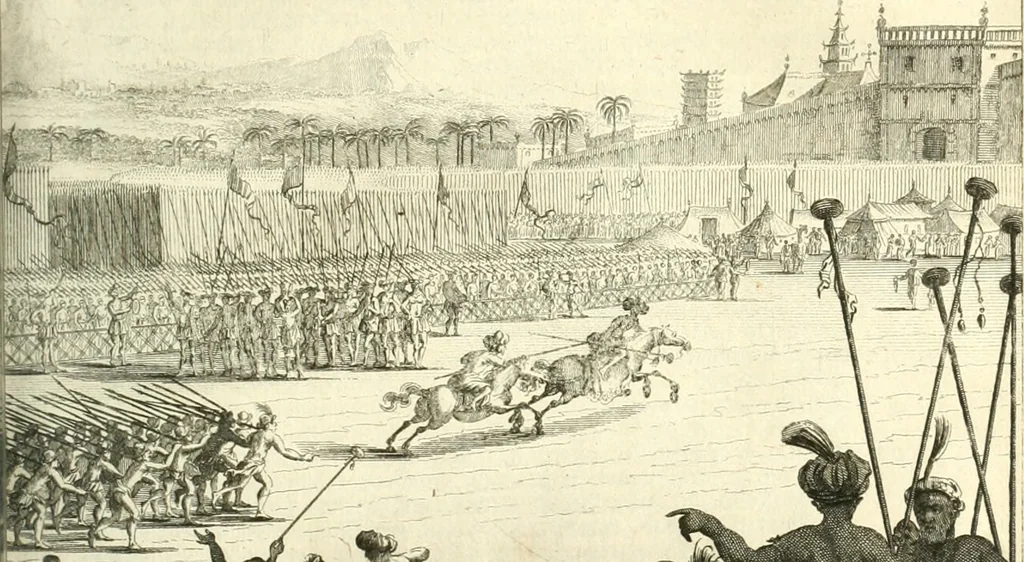 An illustration from Oost-Indische voyagie; vervattende veel voorname voorvallen en ongemeene oreemde geschiedenissen, bloedige zee- en landtgevechten tegen de Portugeesen en Makassaren .., 1676, leaf 592