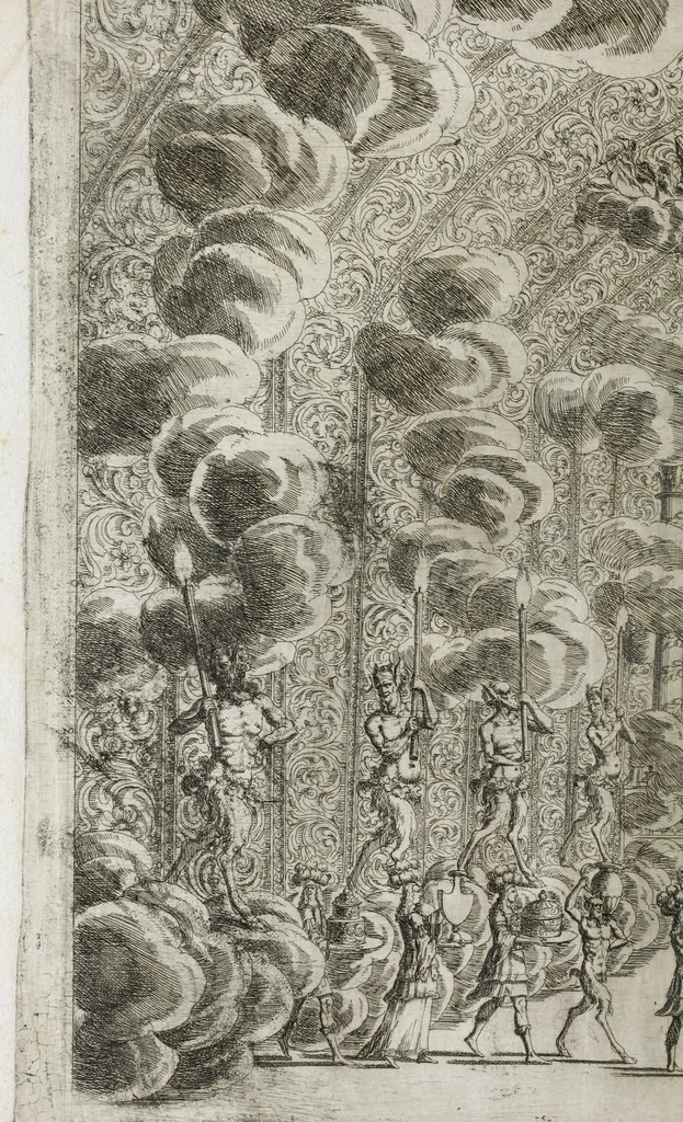 An illustration from Opera-Ballet von dem Judicio Paridis, und der Helenae Raub : so auf dem churfürstlichen sächssischen Haupt-Theatro bey dem Friedens-Feste, nebenst denen vorgegangenen Ballete von Wirckung der sieben Planeten, Ring- und Qvintan-Rennen, wie auch Büchsen-Schiessen, Feuerwercke des Herculis, und Fuss-Thurniere : gehalten am 7/17 Tage dess Winter-Monats anno 1679, 1679, leaf 10
