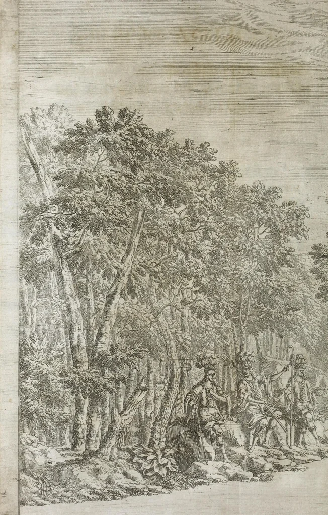 An illustration from Opera-Ballet von dem Judicio Paridis, und der Helenae Raub : so auf dem churfürstlichen sächssischen Haupt-Theatro bey dem Friedens-Feste, nebenst denen vorgegangenen Ballete von Wirckung der sieben Planeten, Ring- und Qvintan-Rennen, wie auch Büchsen-Schiessen, Feuerwercke des Herculis, und Fuss-Thurniere : gehalten am 7/17 Tage dess Winter-Monats anno 1679, 1679, leaf 20