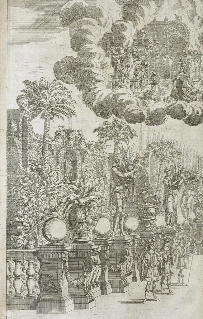 An illustration from Opera-Ballet von dem Judicio Paridis, und der Helenae Raub : so auf dem churfürstlichen sächssischen Haupt-Theatro bey dem Friedens-Feste, nebenst denen vorgegangenen Ballete von Wirckung der sieben Planeten, Ring- und Qvintan-Rennen, wie auch Büchsen-Schiessen, Feuerwercke des Herculis, und Fuss-Thurniere : gehalten am 7/17 Tage dess Winter-Monats anno 1679, 1679, leaf 28