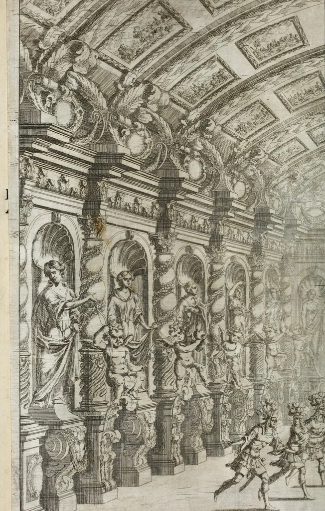 An illustration from Opera-Ballet von dem Judicio Paridis, und der Helenae Raub : so auf dem churfürstlichen sächssischen Haupt-Theatro bey dem Friedens-Feste, nebenst denen vorgegangenen Ballete von Wirckung der sieben Planeten, Ring- und Qvintan-Rennen, wie auch Büchsen-Schiessen, Feuerwercke des Herculis, und Fuss-Thurniere : gehalten am 7/17 Tage dess Winter-Monats anno 1679, 1679, leaf 38