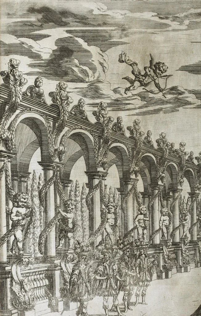 An illustration from Opera-Ballet von dem Judicio Paridis, und der Helenae Raub : so auf dem churfürstlichen sächssischen Haupt-Theatro bey dem Friedens-Feste, nebenst denen vorgegangenen Ballete von Wirckung der sieben Planeten, Ring- und Qvintan-Rennen, wie auch Büchsen-Schiessen, Feuerwercke des Herculis, und Fuss-Thurniere : gehalten am 7/17 Tage dess Winter-Monats anno 1679, 1679, leaf 52