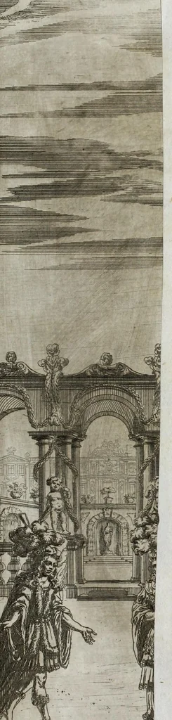An illustration from Opera-Ballet von dem Judicio Paridis, und der Helenae Raub : so auf dem churfürstlichen sächssischen Haupt-Theatro bey dem Friedens-Feste, nebenst denen vorgegangenen Ballete von Wirckung der sieben Planeten, Ring- und Qvintan-Rennen, wie auch Büchsen-Schiessen, Feuerwercke des Herculis, und Fuss-Thurniere : gehalten am 7/17 Tage dess Winter-Monats anno 1679, 1679, leaf 53