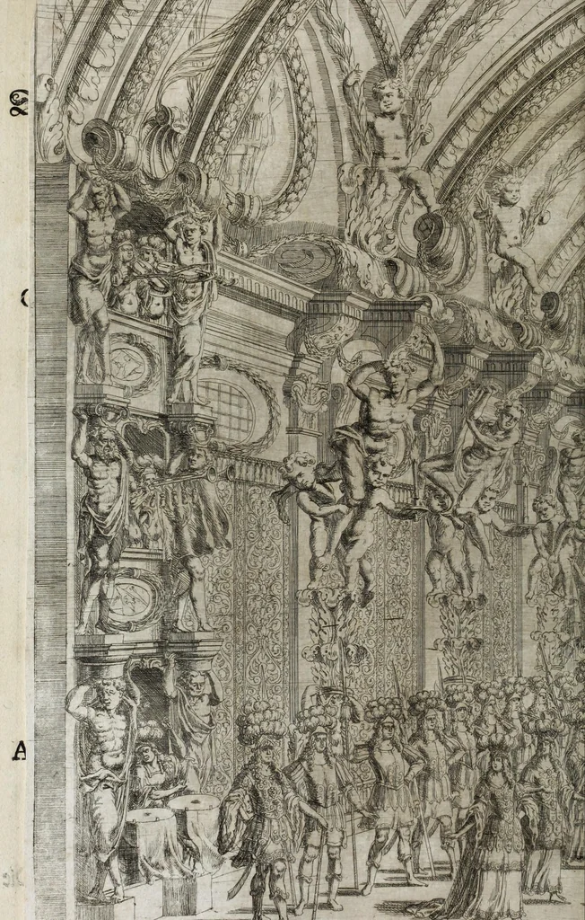 An illustration from Opera-Ballet von dem Judicio Paridis, und der Helenae Raub : so auf dem churfürstlichen sächssischen Haupt-Theatro bey dem Friedens-Feste, nebenst denen vorgegangenen Ballete von Wirckung der sieben Planeten, Ring- und Qvintan-Rennen, wie auch Büchsen-Schiessen, Feuerwercke des Herculis, und Fuss-Thurniere : gehalten am 7/17 Tage dess Winter-Monats anno 1679, 1679, leaf 60