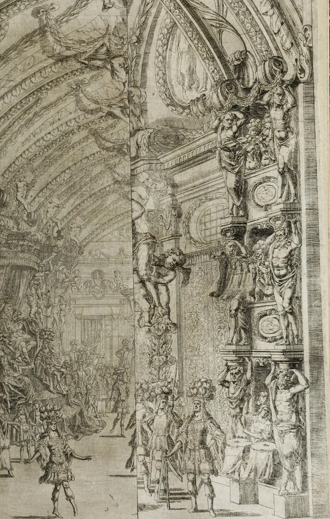 An illustration from Opera-Ballet von dem Judicio Paridis, und der Helenae Raub : so auf dem churfürstlichen sächssischen Haupt-Theatro bey dem Friedens-Feste, nebenst denen vorgegangenen Ballete von Wirckung der sieben Planeten, Ring- und Qvintan-Rennen, wie auch Büchsen-Schiessen, Feuerwercke des Herculis, und Fuss-Thurniere : gehalten am 7/17 Tage dess Winter-Monats anno 1679, 1679, leaf 61