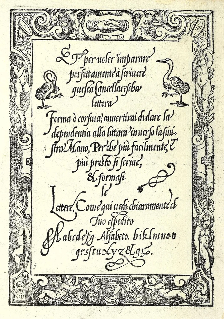 An illustration from Opera del reverendo padre don Avgvstino da Sciena, monaco certosino : nellaquale s'insegna a scriuere varie sorti di lettere, tanto cancellaresche, quanto mercantesche : con varie sorti di lettere todesche, con diuerse sorti di alphabetti bellissimi, & con alcune dechiarationi del temperar della penna : et vna recetta per far l'inchiostro negrissimo, con tanta facilità, che ciascheduno per semplice che sia, lo farà, 1573, leaf 22