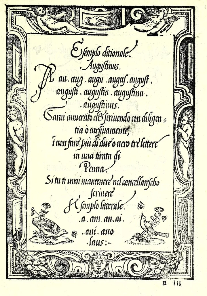 An illustration from Opera del reverendo padre don Avgvstino da Sciena, monaco certosino : nellaquale s'insegna a scriuere varie sorti di lettere, tanto cancellaresche, quanto mercantesche : con varie sorti di lettere todesche, con diuerse sorti di alphabetti bellissimi, & con alcune dechiarationi del temperar della penna : et vna recetta per far l'inchiostro negrissimo, con tanta facilità, che ciascheduno per semplice che sia, lo farà, 1573, leaf 25