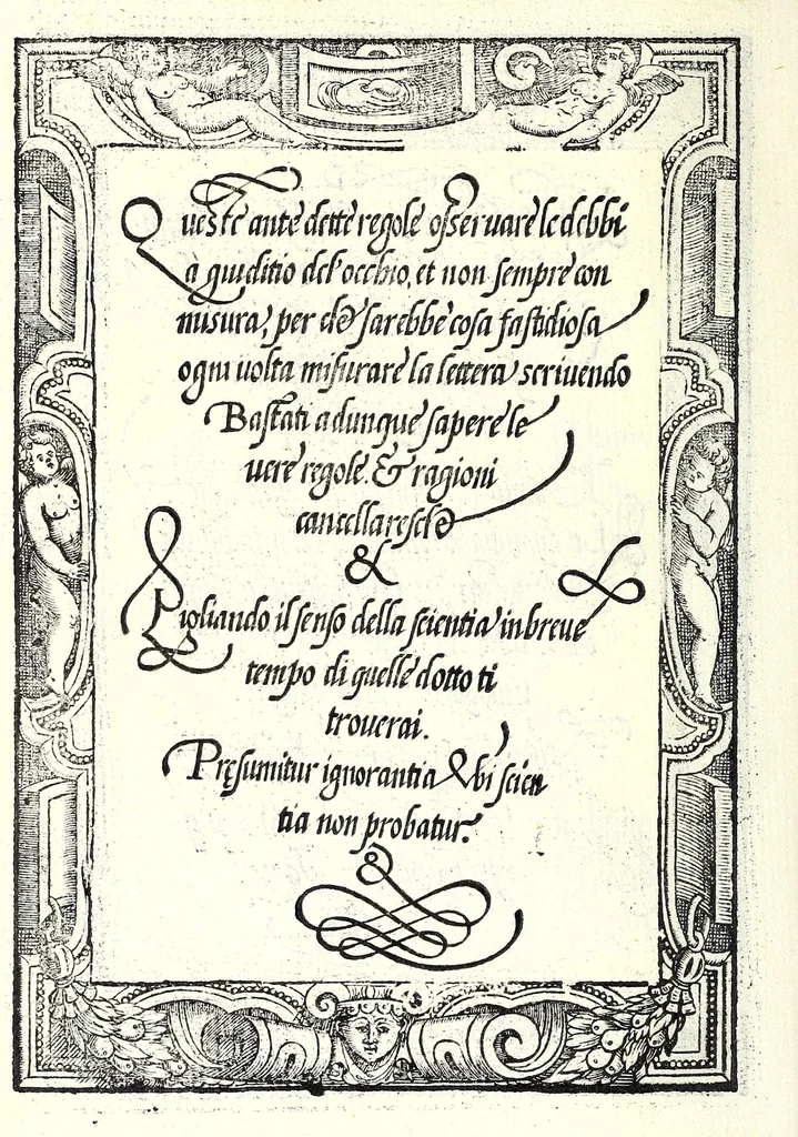An illustration from Opera del reverendo padre don Avgvstino da Sciena, monaco certosino : nellaquale s'insegna a scriuere varie sorti di lettere, tanto cancellaresche, quanto mercantesche : con varie sorti di lettere todesche, con diuerse sorti di alphabetti bellissimi, & con alcune dechiarationi del temperar della penna : et vna recetta per far l'inchiostro negrissimo, con tanta facilità, che ciascheduno per semplice che sia, lo farà, 1573, leaf 30