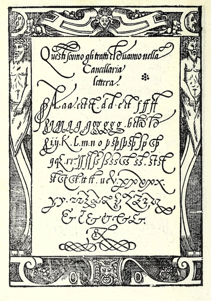 An illustration from Opera del reverendo padre don Avgvstino da Sciena, monaco certosino : nellaquale s'insegna a scriuere varie sorti di lettere, tanto cancellaresche, quanto mercantesche : con varie sorti di lettere todesche, con diuerse sorti di alphabetti bellissimi, & con alcune dechiarationi del temperar della penna : et vna recetta per far l'inchiostro negrissimo, con tanta facilità, che ciascheduno per semplice che sia, lo farà, 1573, leaf 32