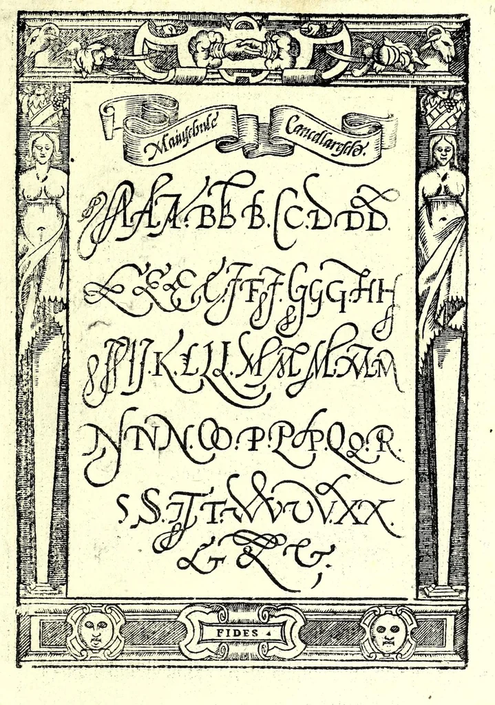 An illustration from Opera del reverendo padre don Avgvstino da Sciena, monaco certosino : nellaquale s'insegna a scriuere varie sorti di lettere, tanto cancellaresche, quanto mercantesche : con varie sorti di lettere todesche, con diuerse sorti di alphabetti bellissimi, & con alcune dechiarationi del temperar della penna : et vna recetta per far l'inchiostro negrissimo, con tanta facilità, che ciascheduno per semplice che sia, lo farà, 1573, leaf 35