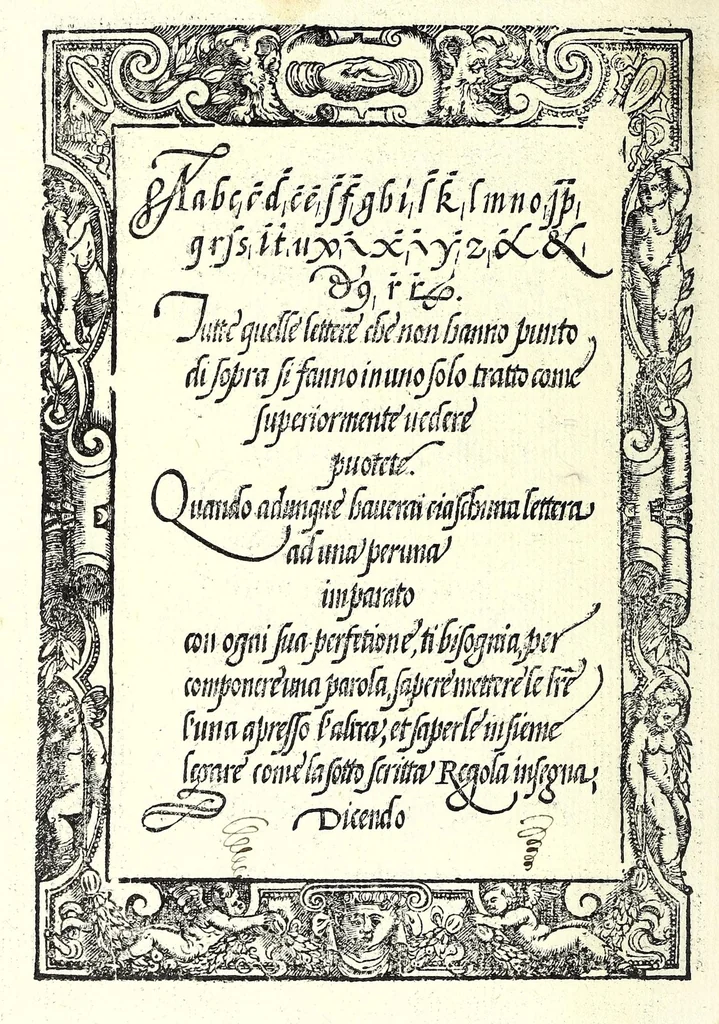 An illustration from Opera del reverendo padre don Avgvstino da Sciena, monaco certosino : nellaquale s'insegna a scriuere varie sorti di lettere, tanto cancellaresche, quanto mercantesche : con varie sorti di lettere todesche, con diuerse sorti di alphabetti bellissimi, & con alcune dechiarationi del temperar della penna : et vna recetta per far l'inchiostro negrissimo, con tanta facilità, che ciascheduno per semplice che sia, lo farà, 1573, leaf 36