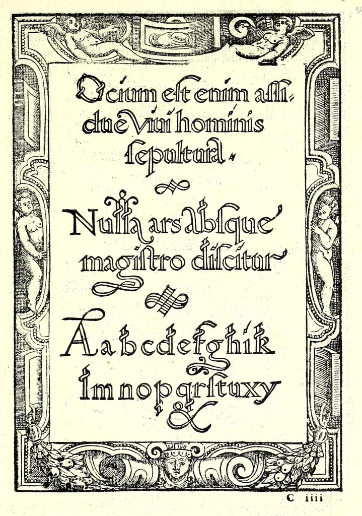 An illustration from Opera del reverendo padre don Avgvstino da Sciena, monaco certosino : nellaquale s'insegna a scriuere varie sorti di lettere, tanto cancellaresche, quanto mercantesche : con varie sorti di lettere todesche, con diuerse sorti di alphabetti bellissimi, & con alcune dechiarationi del temperar della penna : et vna recetta per far l'inchiostro negrissimo, con tanta facilità, che ciascheduno per semplice che sia, lo farà, 1573, leaf 43