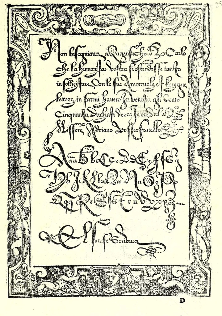 An illustration from Opera del reverendo padre don Avgvstino da Sciena, monaco certosino : nellaquale s'insegna a scriuere varie sorti di lettere, tanto cancellaresche, quanto mercantesche : con varie sorti di lettere todesche, con diuerse sorti di alphabetti bellissimi, & con alcune dechiarationi del temperar della penna : et vna recetta per far l'inchiostro negrissimo, con tanta facilità, che ciascheduno per semplice che sia, lo farà, 1573, leaf 53