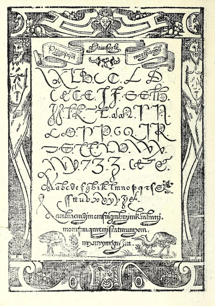 An illustration from Opera del reverendo padre don Avgvstino da Sciena, monaco certosino : nellaquale s'insegna a scriuere varie sorti di lettere, tanto cancellaresche, quanto mercantesche : con varie sorti di lettere todesche, con diuerse sorti di alphabetti bellissimi, & con alcune dechiarationi del temperar della penna : et vna recetta per far l'inchiostro negrissimo, con tanta facilità, che ciascheduno per semplice che sia, lo farà, 1573, leaf 58