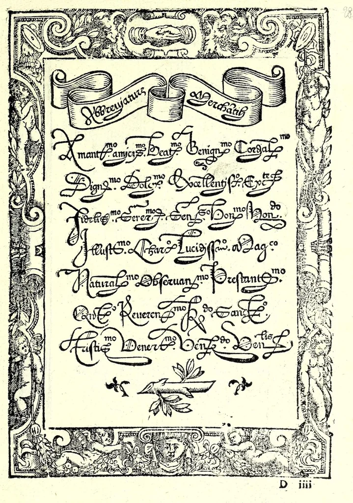 An illustration from Opera del reverendo padre don Avgvstino da Sciena, monaco certosino : nellaquale s'insegna a scriuere varie sorti di lettere, tanto cancellaresche, quanto mercantesche : con varie sorti di lettere todesche, con diuerse sorti di alphabetti bellissimi, & con alcune dechiarationi del temperar della penna : et vna recetta per far l'inchiostro negrissimo, con tanta facilità, che ciascheduno per semplice che sia, lo farà, 1573, leaf 59