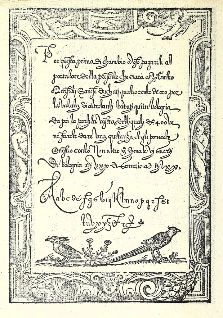 An illustration from Opera del reverendo padre don Avgvstino da Sciena, monaco certosino : nellaquale s'insegna a scriuere varie sorti di lettere, tanto cancellaresche, quanto mercantesche : con varie sorti di lettere todesche, con diuerse sorti di alphabetti bellissimi, & con alcune dechiarationi del temperar della penna : et vna recetta per far l'inchiostro negrissimo, con tanta facilità, che ciascheduno per semplice che sia, lo farà, 1573, leaf 64