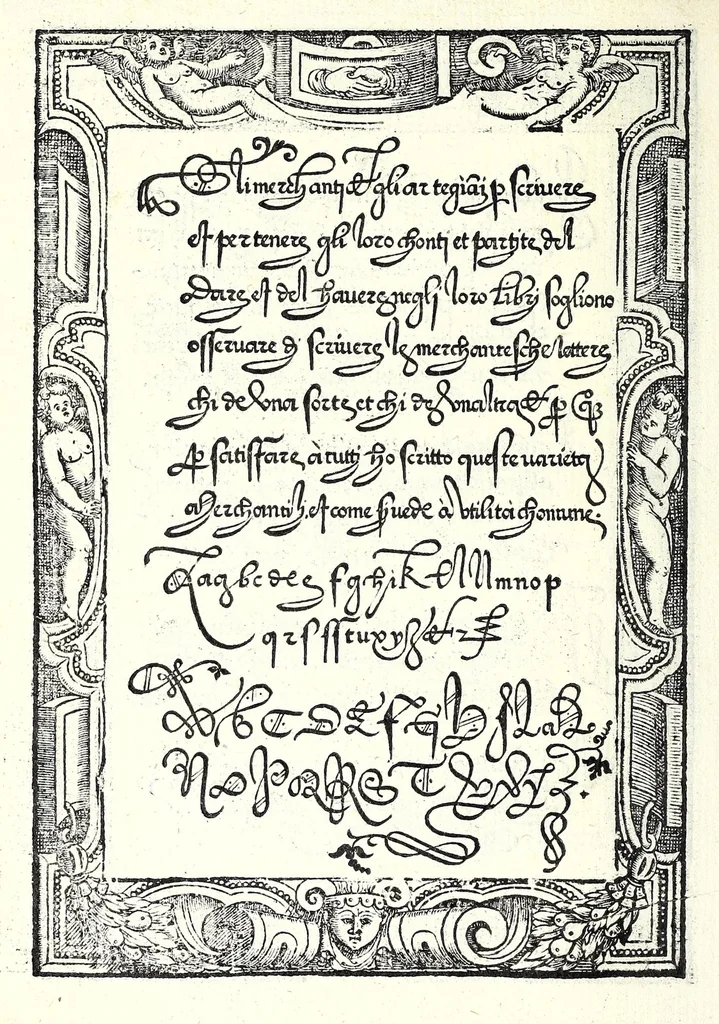 An illustration from Opera del reverendo padre don Avgvstino da Sciena, monaco certosino : nellaquale s'insegna a scriuere varie sorti di lettere, tanto cancellaresche, quanto mercantesche : con varie sorti di lettere todesche, con diuerse sorti di alphabetti bellissimi, & con alcune dechiarationi del temperar della penna : et vna recetta per far l'inchiostro negrissimo, con tanta facilità, che ciascheduno per semplice che sia, lo farà, 1573, leaf 66