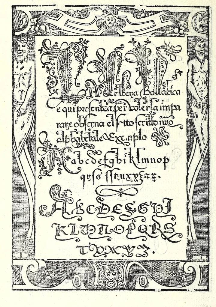 An illustration from Opera del reverendo padre don Avgvstino da Sciena, monaco certosino : nellaquale s'insegna a scriuere varie sorti di lettere, tanto cancellaresche, quanto mercantesche : con varie sorti di lettere todesche, con diuerse sorti di alphabetti bellissimi, & con alcune dechiarationi del temperar della penna : et vna recetta per far l'inchiostro negrissimo, con tanta facilità, che ciascheduno per semplice che sia, lo farà, 1573, leaf 72