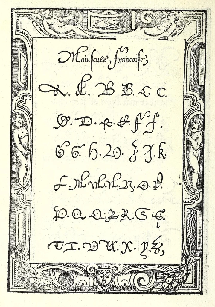 An illustration from Opera del reverendo padre don Avgvstino da Sciena, monaco certosino : nellaquale s'insegna a scriuere varie sorti di lettere, tanto cancellaresche, quanto mercantesche : con varie sorti di lettere todesche, con diuerse sorti di alphabetti bellissimi, & con alcune dechiarationi del temperar della penna : et vna recetta per far l'inchiostro negrissimo, con tanta facilità, che ciascheduno per semplice che sia, lo farà, 1573, leaf 78