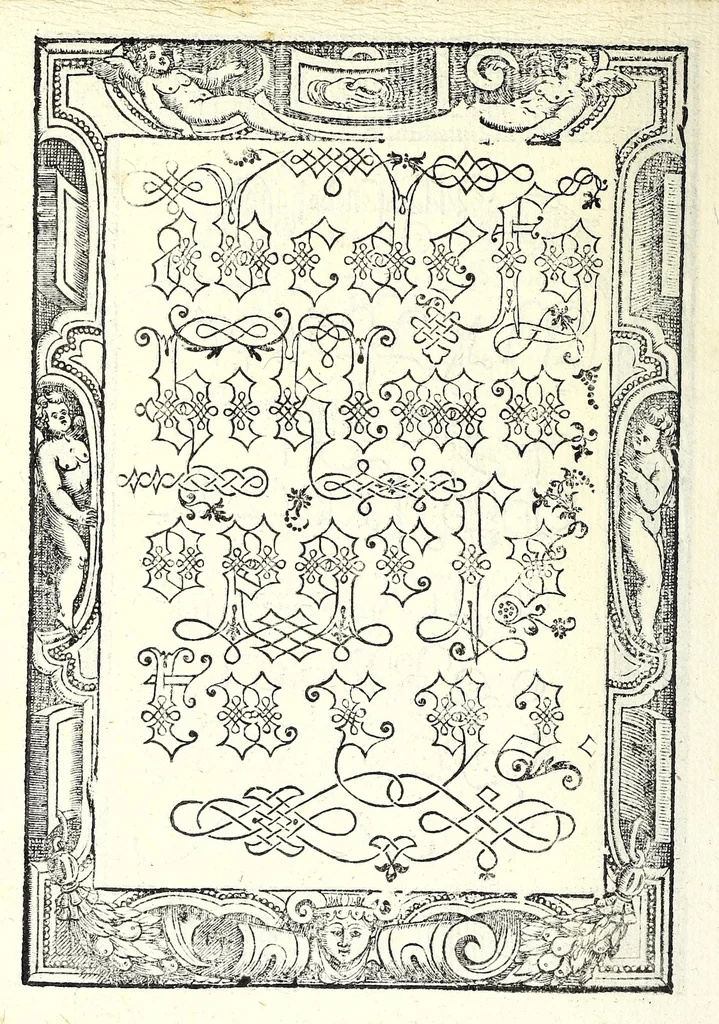 An illustration from Opera del reverendo padre don Avgvstino da Sciena, monaco certosino : nellaquale s'insegna a scriuere varie sorti di lettere, tanto cancellaresche, quanto mercantesche : con varie sorti di lettere todesche, con diuerse sorti di alphabetti bellissimi, & con alcune dechiarationi del temperar della penna : et vna recetta per far l'inchiostro negrissimo, con tanta facilità, che ciascheduno per semplice che sia, lo farà, 1573, leaf 80