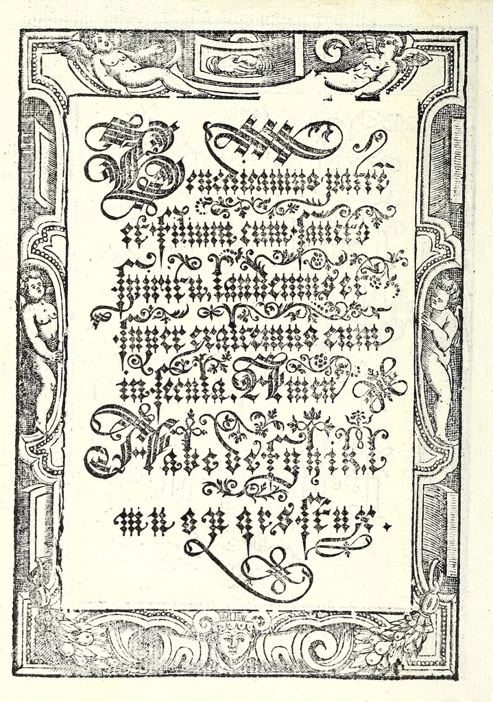 An illustration from Opera del reverendo padre don Avgvstino da Sciena, monaco certosino : nellaquale s'insegna a scriuere varie sorti di lettere, tanto cancellaresche, quanto mercantesche : con varie sorti di lettere todesche, con diuerse sorti di alphabetti bellissimi, & con alcune dechiarationi del temperar della penna : et vna recetta per far l'inchiostro negrissimo, con tanta facilità, che ciascheduno per semplice che sia, lo farà, 1573, leaf 82