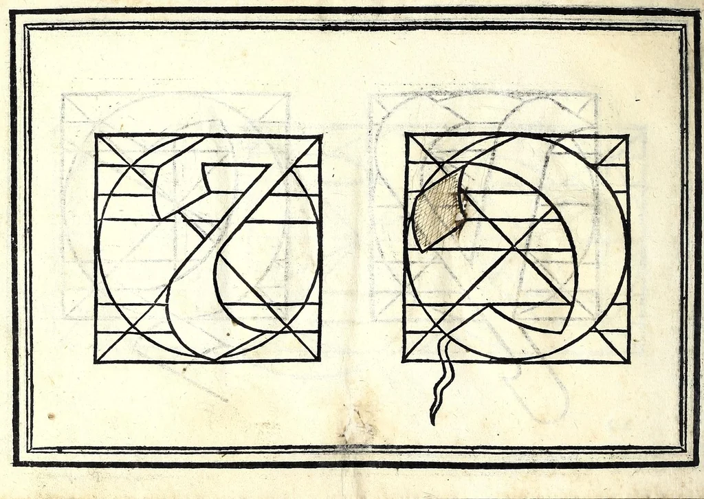 An illustration from Opera di frate Vespasiano Amphiareo da Ferrara dell'ordine minore conventvale, nella qvale s'insegna a scrivere varie sorti di lettere : & massime una lettera bastarda da lui nouamente con sua industria ritrouata, laquale serue al cancellaresco & mercantesco : poi insegna a far l'inchiostro negrissimo con tanta facilità, che ciascuno per semplice che sia, lo saprà far da se : anchora a macinar l'oro, & scriuere con esso come si farà con l'inchiostro, parimente a scriuere con l'azurro, & col cenaprio : opera vtilissima, e molto necessaria all'uso humano : aggivntovi di nvovo dve bellissimi alpha beti di maiuscole, che nell'altre impressioni non si sono piu stampati, 1572, leaf 100