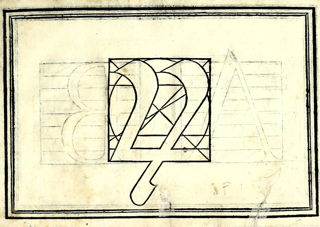 An illustration from Opera di frate Vespasiano Amphiareo da Ferrara dell'ordine minore conventvale, nella qvale s'insegna a scrivere varie sorti di lettere : & massime una lettera bastarda da lui nouamente con sua industria ritrouata, laquale serue al cancellaresco & mercantesco : poi insegna a far l'inchiostro negrissimo con tanta facilità, che ciascuno per semplice che sia, lo saprà far da se : anchora a macinar l'oro, & scriuere con esso come si farà con l'inchiostro, parimente a scriuere con l'azurro, & col cenaprio : opera vtilissima, e molto necessaria all'uso humano : aggivntovi di nvovo dve bellissimi alpha beti di maiuscole, che nell'altre impressioni non si sono piu stampati, 1572, leaf 101
