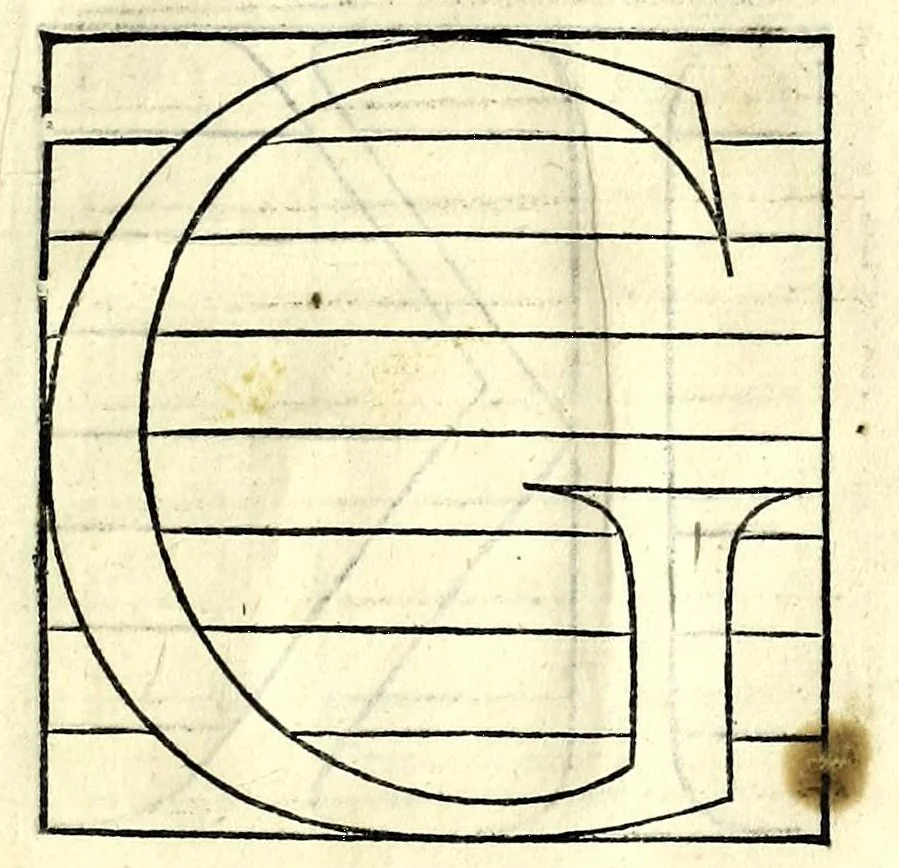 An illustration from Opera di frate Vespasiano Amphiareo da Ferrara dell'ordine minore conventvale, nella qvale s'insegna a scrivere varie sorti di lettere : & massime una lettera bastarda da lui nouamente con sua industria ritrouata, laquale serue al cancellaresco & mercantesco : poi insegna a far l'inchiostro negrissimo con tanta facilità, che ciascuno per semplice che sia, lo saprà far da se : anchora a macinar l'oro, & scriuere con esso come si farà con l'inchiostro, parimente a scriuere con l'azurro, & col cenaprio : opera vtilissima, e molto necessaria all'uso humano : aggivntovi di nvovo dve bellissimi alpha beti di maiuscole, che nell'altre impressioni non si sono piu stampati, 1572, leaf 105