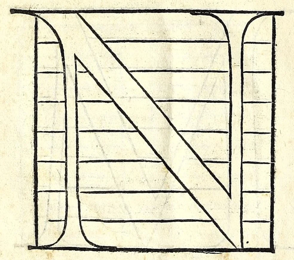 An illustration from Opera di frate Vespasiano Amphiareo da Ferrara dell'ordine minore conventvale, nella qvale s'insegna a scrivere varie sorti di lettere : & massime una lettera bastarda da lui nouamente con sua industria ritrouata, laquale serue al cancellaresco & mercantesco : poi insegna a far l'inchiostro negrissimo con tanta facilità, che ciascuno per semplice che sia, lo saprà far da se : anchora a macinar l'oro, & scriuere con esso come si farà con l'inchiostro, parimente a scriuere con l'azurro, & col cenaprio : opera vtilissima, e molto necessaria all'uso humano : aggivntovi di nvovo dve bellissimi alpha beti di maiuscole, che nell'altre impressioni non si sono piu stampati, 1572, leaf 108