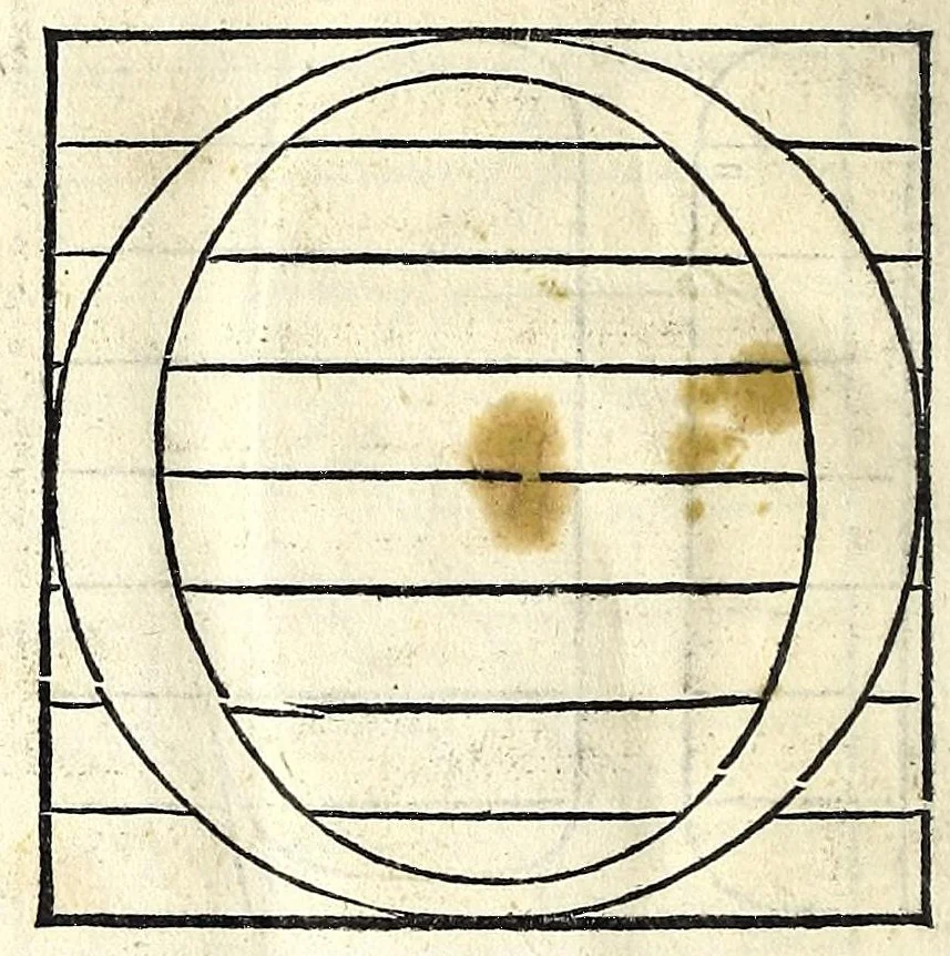 An illustration from Opera di frate Vespasiano Amphiareo da Ferrara dell'ordine minore conventvale, nella qvale s'insegna a scrivere varie sorti di lettere : & massime una lettera bastarda da lui nouamente con sua industria ritrouata, laquale serue al cancellaresco & mercantesco : poi insegna a far l'inchiostro negrissimo con tanta facilità, che ciascuno per semplice che sia, lo saprà far da se : anchora a macinar l'oro, & scriuere con esso come si farà con l'inchiostro, parimente a scriuere con l'azurro, & col cenaprio : opera vtilissima, e molto necessaria all'uso humano : aggivntovi di nvovo dve bellissimi alpha beti di maiuscole, che nell'altre impressioni non si sono piu stampati, 1572, leaf 108