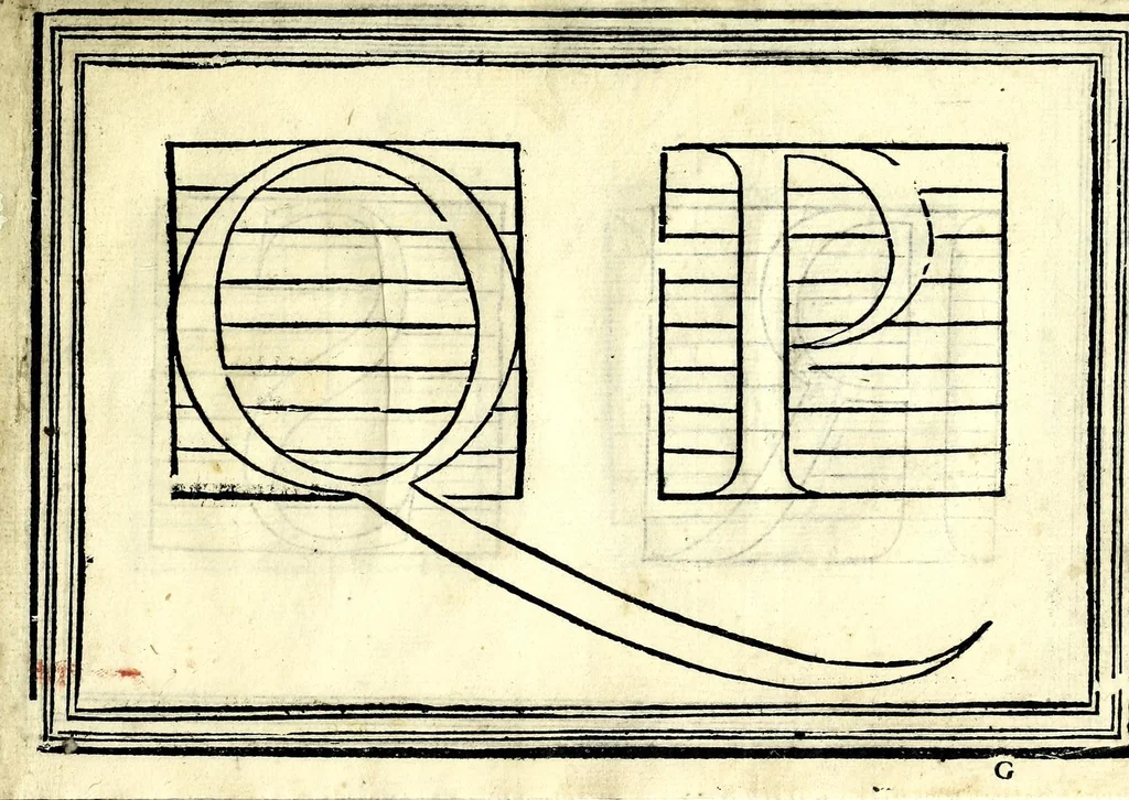 An illustration from Opera di frate Vespasiano Amphiareo da Ferrara dell'ordine minore conventvale, nella qvale s'insegna a scrivere varie sorti di lettere : & massime una lettera bastarda da lui nouamente con sua industria ritrouata, laquale serue al cancellaresco & mercantesco : poi insegna a far l'inchiostro negrissimo con tanta facilità, che ciascuno per semplice che sia, lo saprà far da se : anchora a macinar l'oro, & scriuere con esso come si farà con l'inchiostro, parimente a scriuere con l'azurro, & col cenaprio : opera vtilissima, e molto necessaria all'uso humano : aggivntovi di nvovo dve bellissimi alpha beti di maiuscole, che nell'altre impressioni non si sono piu stampati, 1572, leaf 109