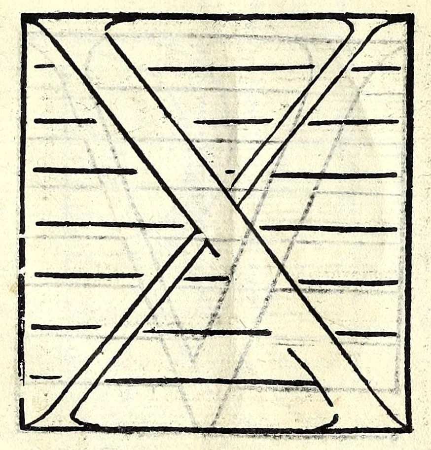 An illustration from Opera di frate Vespasiano Amphiareo da Ferrara dell'ordine minore conventvale, nella qvale s'insegna a scrivere varie sorti di lettere : & massime una lettera bastarda da lui nouamente con sua industria ritrouata, laquale serue al cancellaresco & mercantesco : poi insegna a far l'inchiostro negrissimo con tanta facilità, che ciascuno per semplice che sia, lo saprà far da se : anchora a macinar l'oro, & scriuere con esso come si farà con l'inchiostro, parimente a scriuere con l'azurro, & col cenaprio : opera vtilissima, e molto necessaria all'uso humano : aggivntovi di nvovo dve bellissimi alpha beti di maiuscole, che nell'altre impressioni non si sono piu stampati, 1572, leaf 112