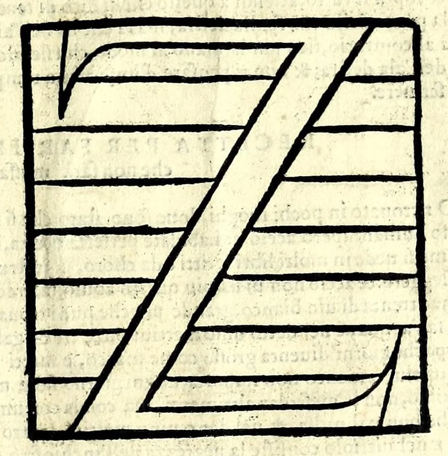 An illustration from Opera di frate Vespasiano Amphiareo da Ferrara dell'ordine minore conventvale, nella qvale s'insegna a scrivere varie sorti di lettere : & massime una lettera bastarda da lui nouamente con sua industria ritrouata, laquale serue al cancellaresco & mercantesco : poi insegna a far l'inchiostro negrissimo con tanta facilità, che ciascuno per semplice che sia, lo saprà far da se : anchora a macinar l'oro, & scriuere con esso come si farà con l'inchiostro, parimente a scriuere con l'azurro, & col cenaprio : opera vtilissima, e molto necessaria all'uso humano : aggivntovi di nvovo dve bellissimi alpha beti di maiuscole, che nell'altre impressioni non si sono piu stampati, 1572, leaf 113