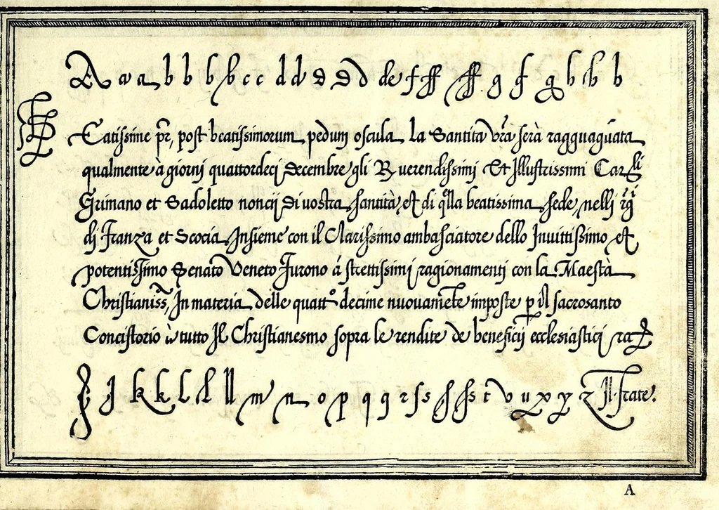 An illustration from Opera di frate Vespasiano Amphiareo da Ferrara dell'ordine minore conventvale, nella qvale s'insegna a scrivere varie sorti di lettere : & massime una lettera bastarda da lui nouamente con sua industria ritrouata, laquale serue al cancellaresco & mercantesco : poi insegna a far l'inchiostro negrissimo con tanta facilità, che ciascuno per semplice che sia, lo saprà far da se : anchora a macinar l'oro, & scriuere con esso come si farà con l'inchiostro, parimente a scriuere con l'azurro, & col cenaprio : opera vtilissima, e molto necessaria all'uso humano : aggivntovi di nvovo dve bellissimi alpha beti di maiuscole, che nell'altre impressioni non si sono piu stampati, 1572, leaf 13