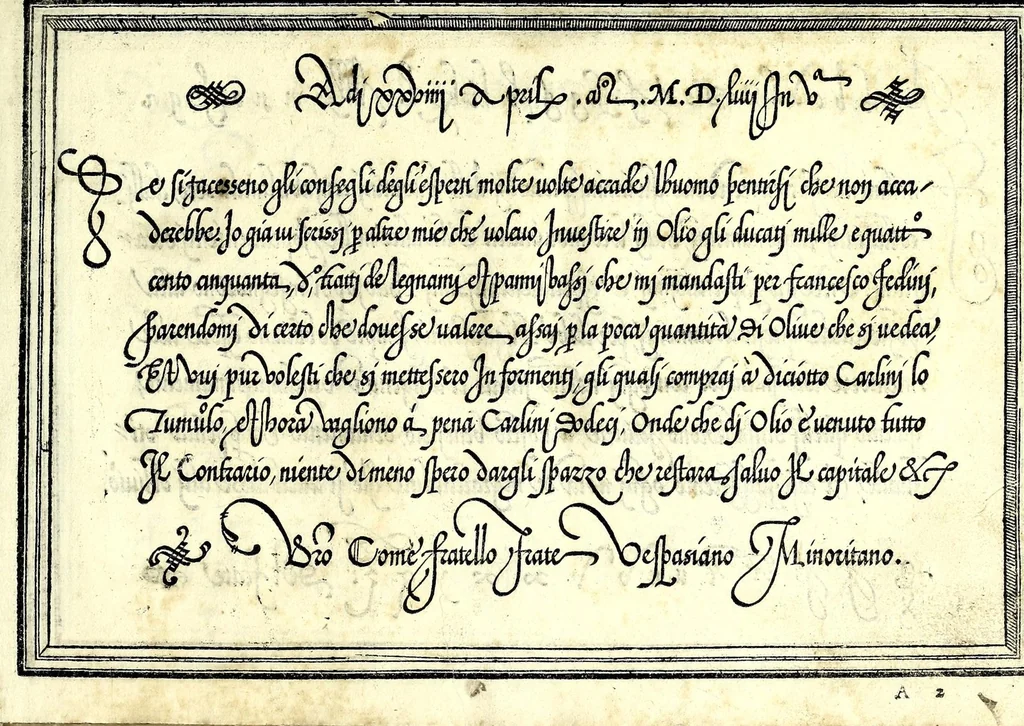 An illustration from Opera di frate Vespasiano Amphiareo da Ferrara dell'ordine minore conventvale, nella qvale s'insegna a scrivere varie sorti di lettere : & massime una lettera bastarda da lui nouamente con sua industria ritrouata, laquale serue al cancellaresco & mercantesco : poi insegna a far l'inchiostro negrissimo con tanta facilità, che ciascuno per semplice che sia, lo saprà far da se : anchora a macinar l'oro, & scriuere con esso come si farà con l'inchiostro, parimente a scriuere con l'azurro, & col cenaprio : opera vtilissima, e molto necessaria all'uso humano : aggivntovi di nvovo dve bellissimi alpha beti di maiuscole, che nell'altre impressioni non si sono piu stampati, 1572, leaf 15