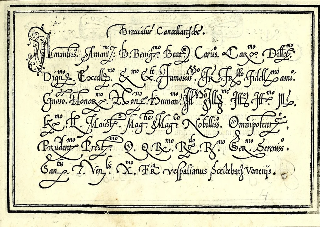 An illustration from Opera di frate Vespasiano Amphiareo da Ferrara dell'ordine minore conventvale, nella qvale s'insegna a scrivere varie sorti di lettere : & massime una lettera bastarda da lui nouamente con sua industria ritrouata, laquale serue al cancellaresco & mercantesco : poi insegna a far l'inchiostro negrissimo con tanta facilità, che ciascuno per semplice che sia, lo saprà far da se : anchora a macinar l'oro, & scriuere con esso come si farà con l'inchiostro, parimente a scriuere con l'azurro, & col cenaprio : opera vtilissima, e molto necessaria all'uso humano : aggivntovi di nvovo dve bellissimi alpha beti di maiuscole, che nell'altre impressioni non si sono piu stampati, 1572, leaf 27