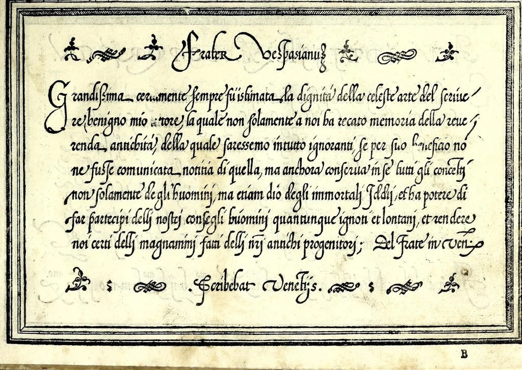 An illustration from Opera di frate Vespasiano Amphiareo da Ferrara dell'ordine minore conventvale, nella qvale s'insegna a scrivere varie sorti di lettere : & massime una lettera bastarda da lui nouamente con sua industria ritrouata, laquale serue al cancellaresco & mercantesco : poi insegna a far l'inchiostro negrissimo con tanta facilità, che ciascuno per semplice che sia, lo saprà far da se : anchora a macinar l'oro, & scriuere con esso come si farà con l'inchiostro, parimente a scriuere con l'azurro, & col cenaprio : opera vtilissima, e molto necessaria all'uso humano : aggivntovi di nvovo dve bellissimi alpha beti di maiuscole, che nell'altre impressioni non si sono piu stampati, 1572, leaf 29