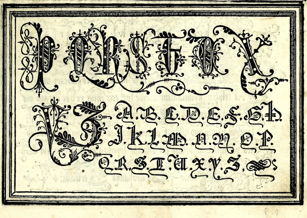 An illustration from Opera di frate Vespasiano Amphiareo da Ferrara dell'ordine minore conventvale, nella qvale s'insegna a scrivere varie sorti di lettere : & massime una lettera bastarda da lui nouamente con sua industria ritrouata, laquale serue al cancellaresco & mercantesco : poi insegna a far l'inchiostro negrissimo con tanta facilità, che ciascuno per semplice che sia, lo saprà far da se : anchora a macinar l'oro, & scriuere con esso come si farà con l'inchiostro, parimente a scriuere con l'azurro, & col cenaprio : opera vtilissima, e molto necessaria all'uso humano : aggivntovi di nvovo dve bellissimi alpha beti di maiuscole, che nell'altre impressioni non si sono piu stampati, 1572, leaf 37